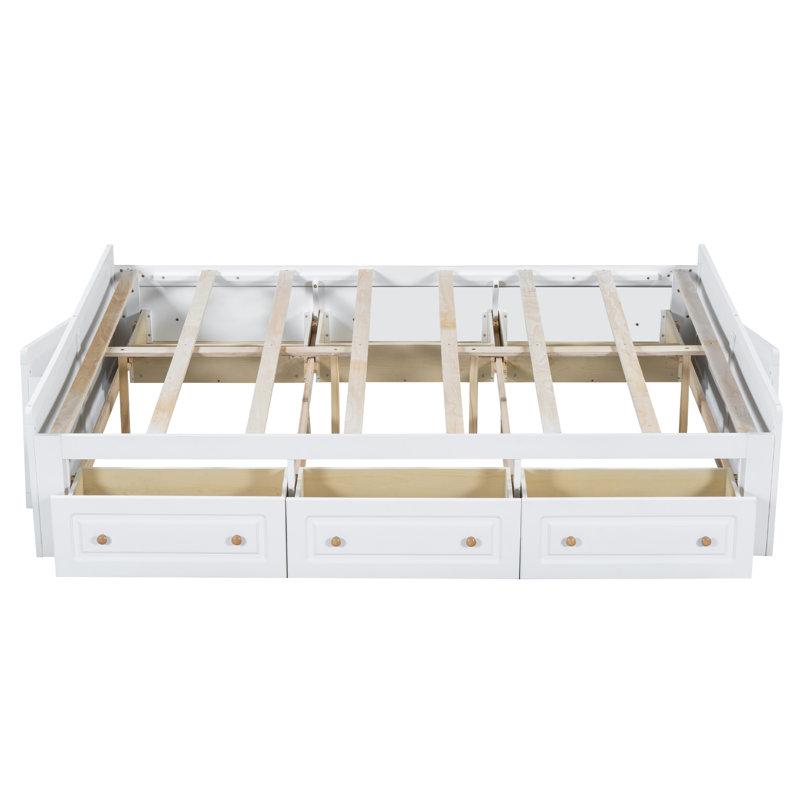Structure de lit plateforme en bois grand format avec 6 tiroirs, blanc, Blanc
