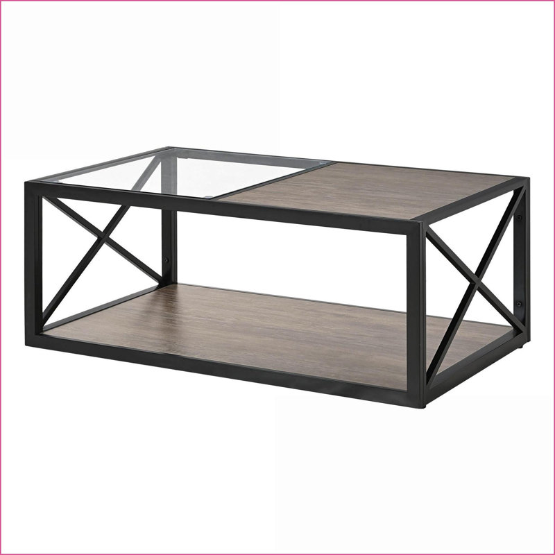 Verre trempé industriel Table basse rustique en grain de bois pour le salon, facile à nettoyer et amp; Structure stable