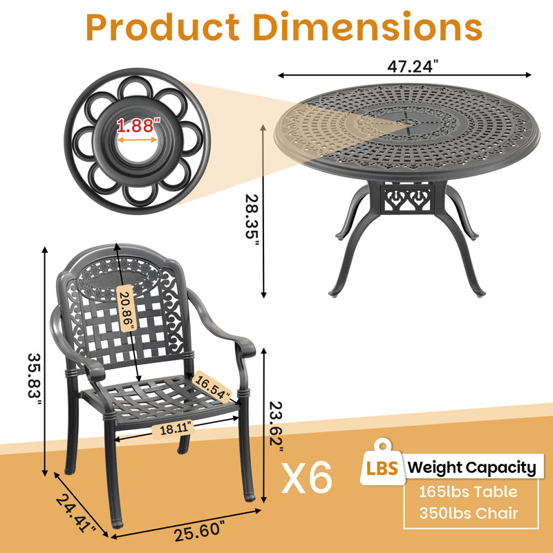 47.24-inch  Round Table Cast Aluminum Outdoor Dining Set with Umbrella Hole and Blue Cushions, 6