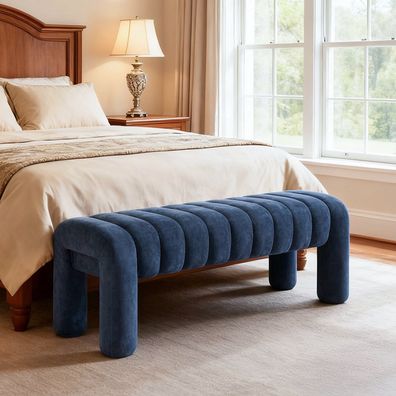 Oyan Modern Channel Tufted Backless Upholstered Bench, 17" H x 43.3" W x 17.3" D, Blue Chenille