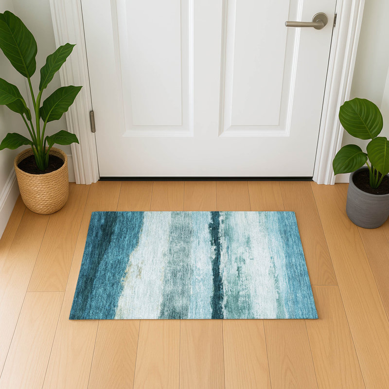 Premium Machine Washable Mayfield Striped Rug, 1'8" x 2'6", Teal