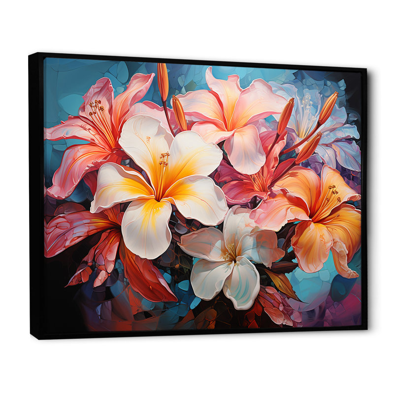 «White and Coral Plumeria Blooming Paradise» sur toile imprimée, Cadre flottant noir, H 34 po x l 44 po x P 1,5 po