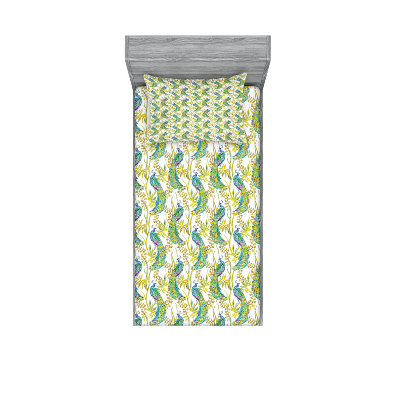 Ambesonne Peacock Fitted Sheet & Pillow Sham Multicolor, Twin Sheet Set + 3 Additional Pieces
