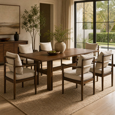 Rectangular Dining Table, 71", Rubber Wood, Walnut Finish, 7-Piece, Beige, Solid Rubber Wood Dining Set Construction