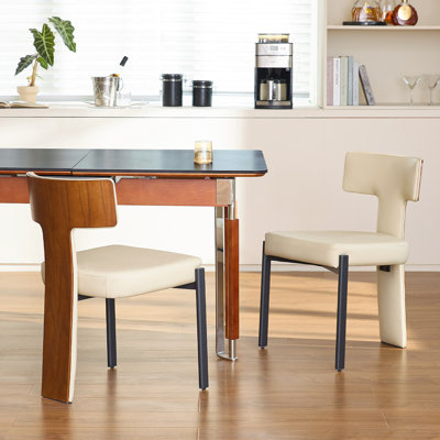 Beige Dining Chairs Set of 2,Faux Leather Dining Chairs with Soft Cushion,Comfortable Upholstered Armless Dining Room Chairs with Curved Plywood Back