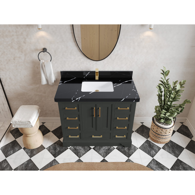 Meuble-lavabo simple 42 po avec plateau en quartz Charlotte, Noir Calacatta