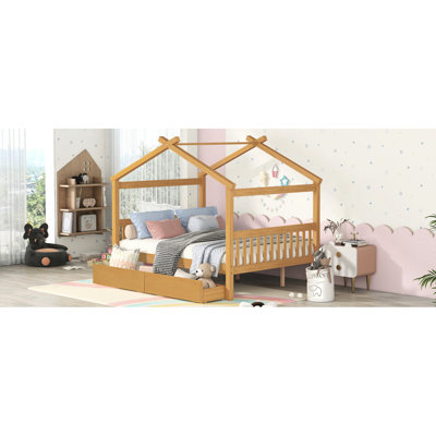 Lit double en bois pleine grandeur avec tiroirs, conception imaginative, pieds robustes, lit naturel confortable, deux tiroirs pour l'organisation et stable