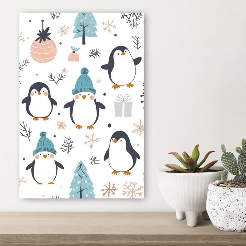 Cute Winter Penguins Playful Abstract Contemporary Penguin Winter Landscape Wall Art Print 1 Piece Wrapped Canvas Wall Art