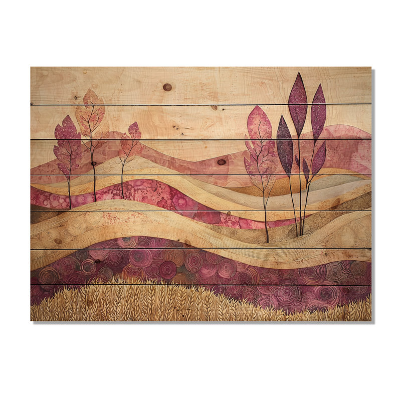 Champ de roses champêtre avec champ de blé IV - Art mural en bois sur bois de pin naturel, H 24 po x l 32 po x P 0,78 po