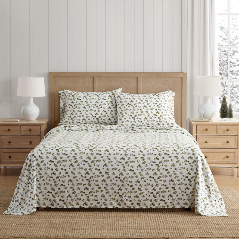 Ensemble de draps en flanelle de coton imprimé Martha Stewart, Full, Chickadee Pines Green