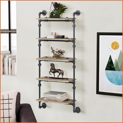 Wall Shelf, 5-Tier Industrial Oak &amp; Sandy Black 59.5"H x 28.5"W | Wood+Metal | Primary Living Space