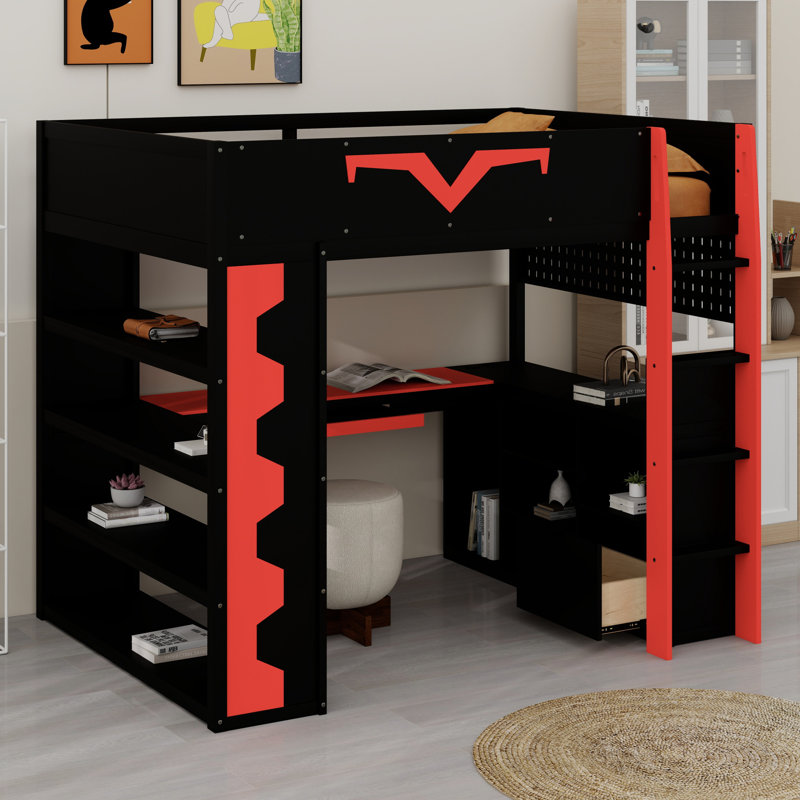 Lit mezzanine avec prise de courant, tiroir de rangement et plateau à clavier Advanced Gaming, Rouge