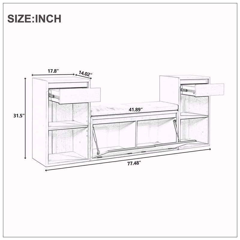 Banc de rangement tout-en-un avec coussin, compartiments, tiroirs et tablettes ouvertes, banc de rangement, Brown