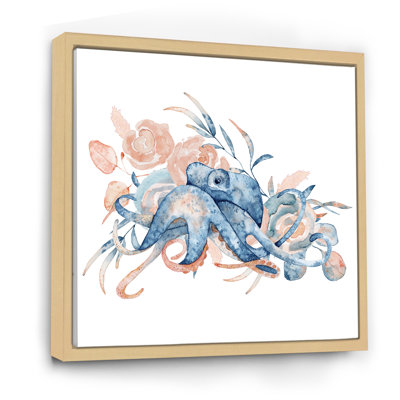 Pieuvre bleue avec fleurs roses - reproduction d'art sur toile nautique et côtière