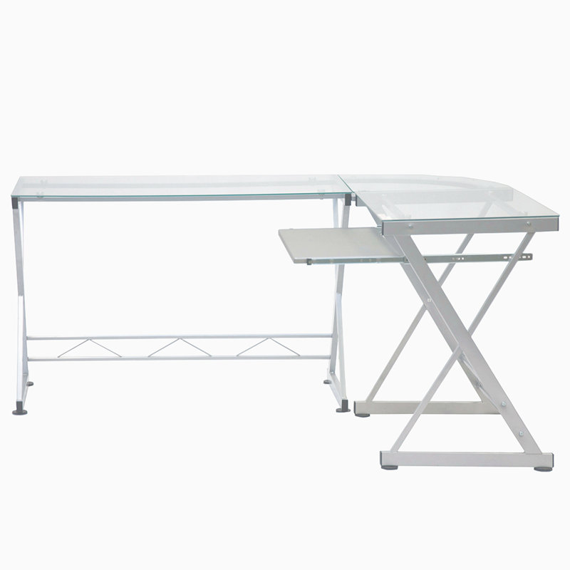 Techni Mobili L-Shaped Tempered Glass Top Computer Desk With Pull Out Keyboard Panel, Clear