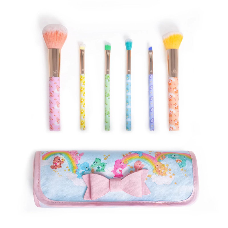 6 Pcs Care Bears Dreamland Makeup Roll Up Brush Case, Bow, Hook & Loop Fastener Enclosure, Tube, Zip Pouch, Strap