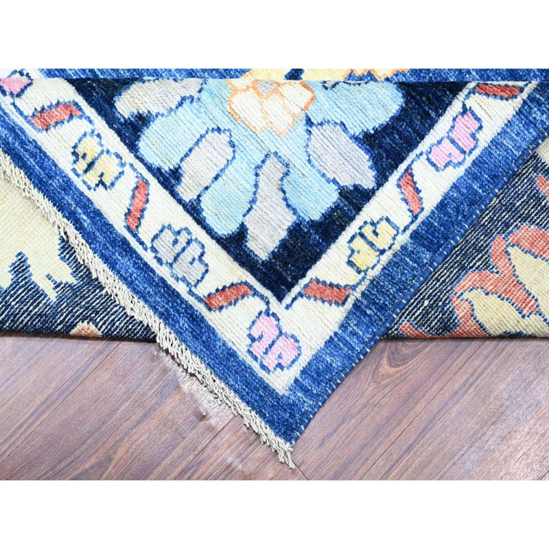 Tapis bleu en laine noué à la main 10 pi x 13 pi 9 po Angora