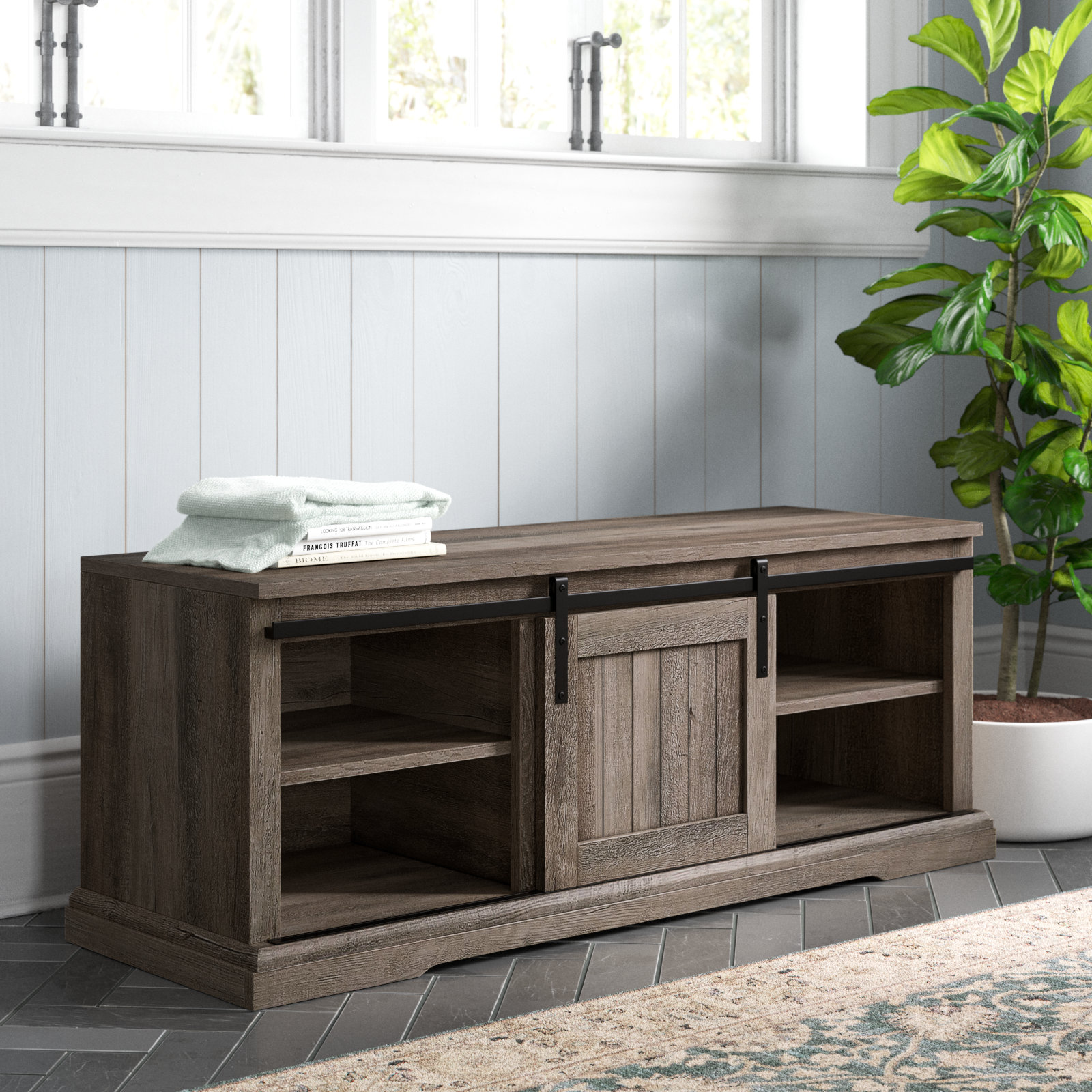Sliding barn door storage bench discount
