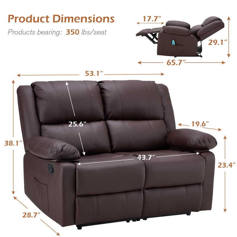 53.1'' Faux Leather Reclining Loveseat with Massage&Heat Function, Brown