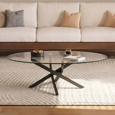 Table basse moderne ovale en verre avec pieds en métal robustes pour la décoration du salon