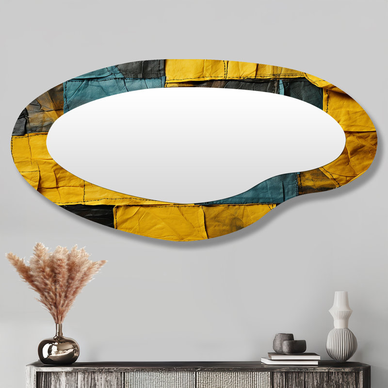 Yellow and Green Abstract cube Echoes - Abstract Collages Modern Asymmetrical Wall Mirror