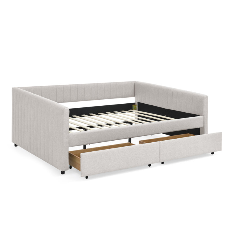 Grand lit de jour avec canapé-lit gigogne à deux tiroirs, avec rayures verticales, tissu en lin, beige (86,5 po x 65 po x 30 po)