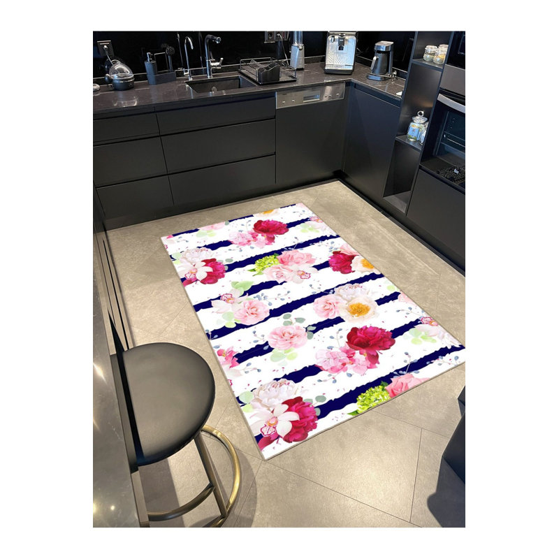 Tapis lavable uni rayé rose à motif floral croisé, Sous-tapis rond 3 pi 3 po inclus