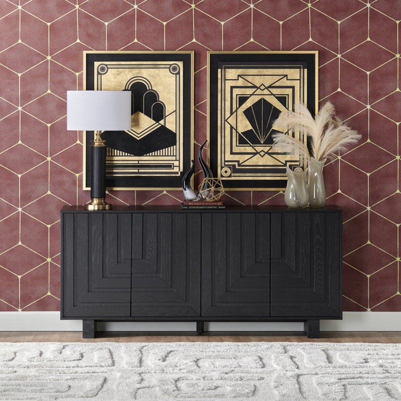 Millton 74" Black Solid Wood 4 Door Media Credenza_Sideboard