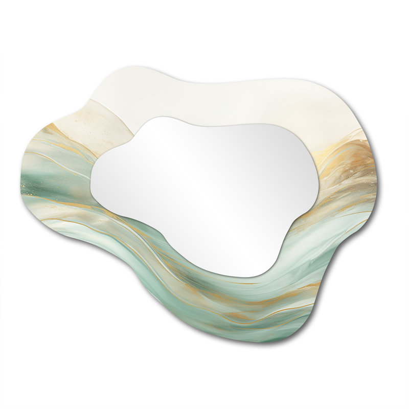Or et vert doux vague fusion I - formes abstraites en métal Art - miroir mural moderne irrégulier, 27 po x 35 po