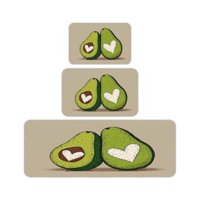 Green Beige Avocado Heart Print Set Of 3 Kitchen Standing Mat