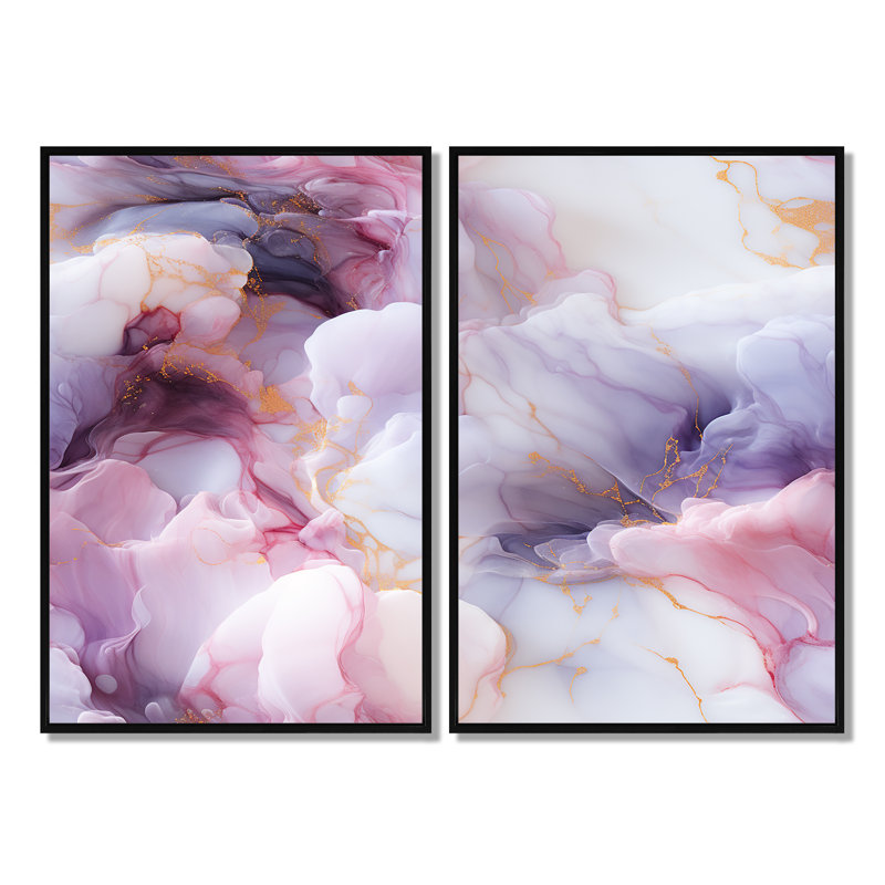 Enchanted lumière mauve marbre brumeux - art mural mauve 2 pièces, H 36 po x l 48 po, Impression encadrée flottante, Noir