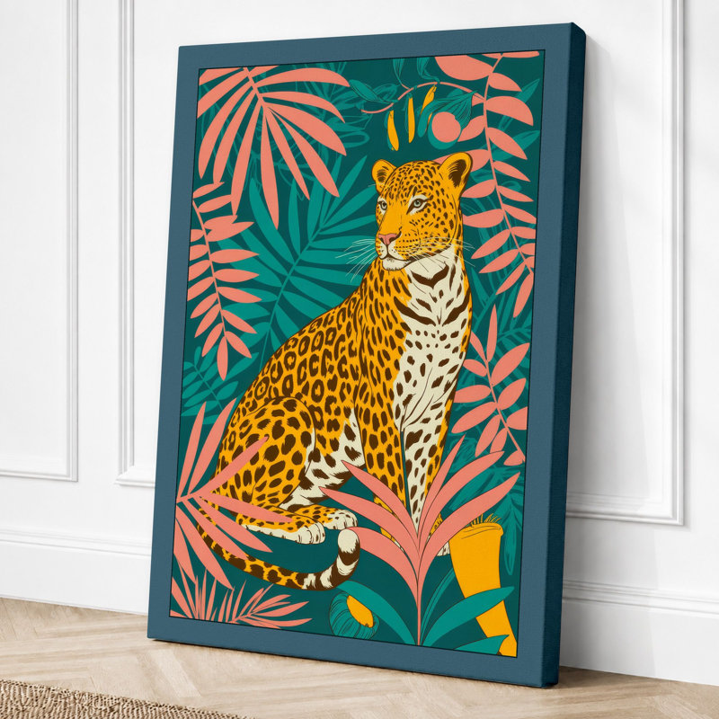 Leopard Among Leaves Eclectic - Print, 24x16 - 61.0 x 40.6 cm, Teal Border