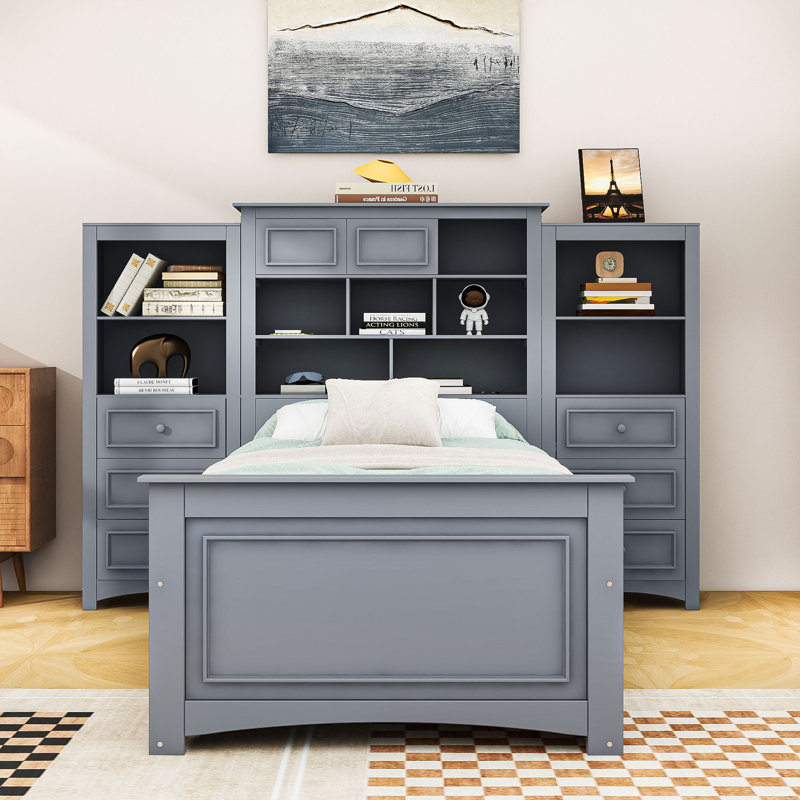 Lit plateforme simple en bois avec tiroirs de rangement et tête de lit polyvalente, Gris