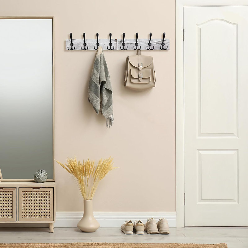 Portemanteau mural rustique avec 8 crochets robustes, Blanc
