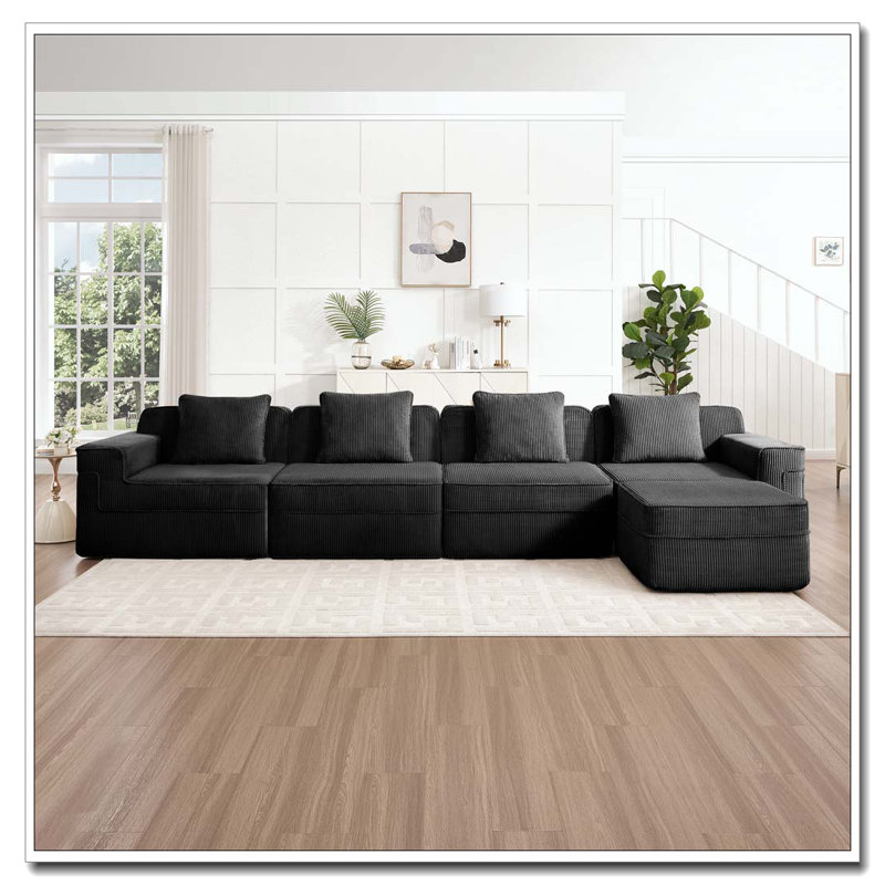 Canapé modulaire en forme de L 4 places, canapé désossé 4 places, canapé modulaire Cloud avec assise profonde, canapé modulaire moderne 4 places avec coussins décoratifs et 1 repose-pieds mobile