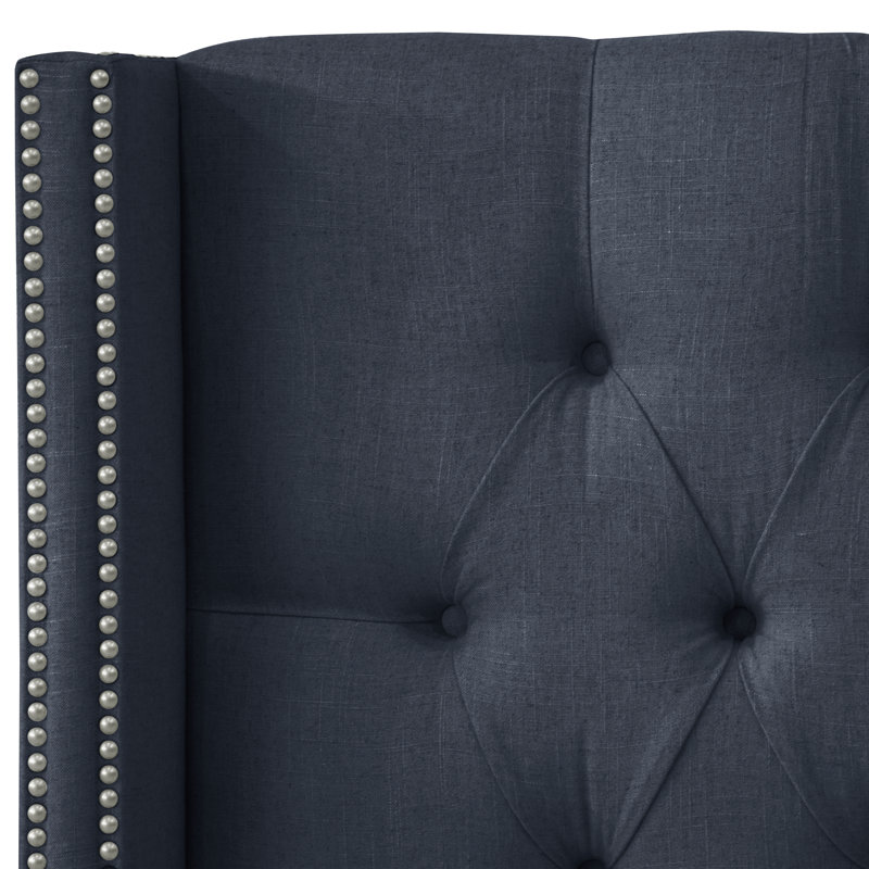 Tête de lit tapissier Wingback, Très grand, Lin bleu marine classique