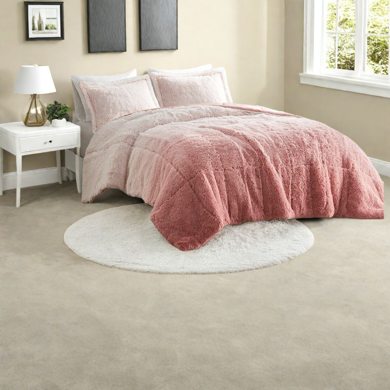 Cozy Ombre Shaggy Bedding Set In Blush, Polyester Faux Fur, For Home Comfort