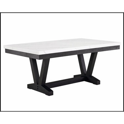 Table de salle à manger moderne moderne en faux marbre et noir avec base en tréteaux en forme de V, mobilier élégant et durable