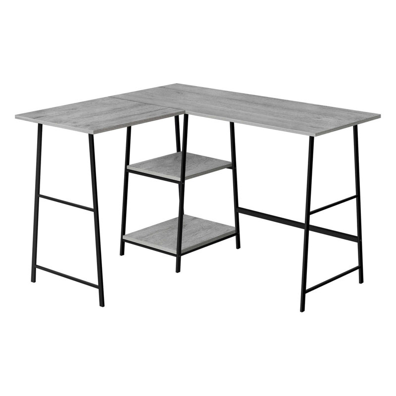 Bureau en L stratifié gris en forme de L, bureau à domicile, métal noir, bureau moderne l 48 po avec tablettes, forme, stratifié, structure en métal