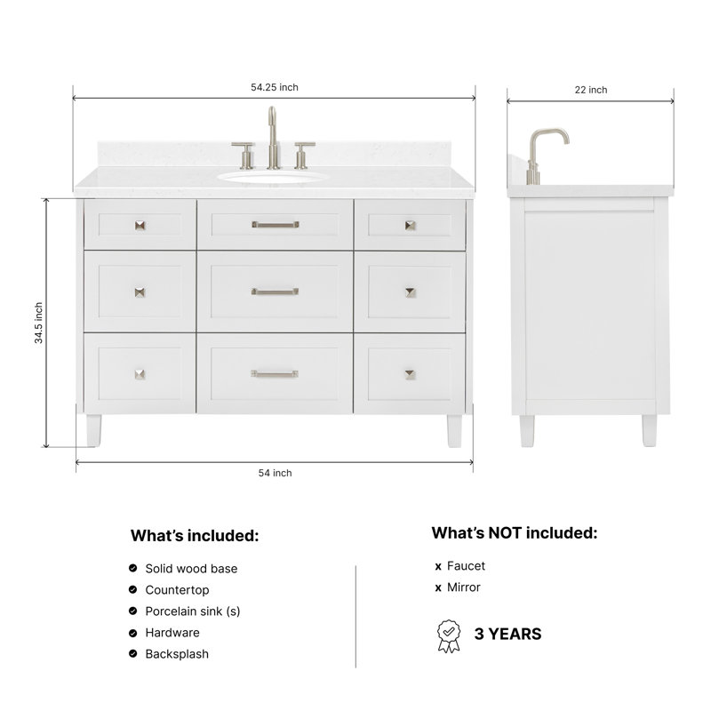 ARIEL Monroe 54 Single Sink Bathroom Vanity with Carrara Quartz Top, White, 54" - 55", Carrara White Quartz