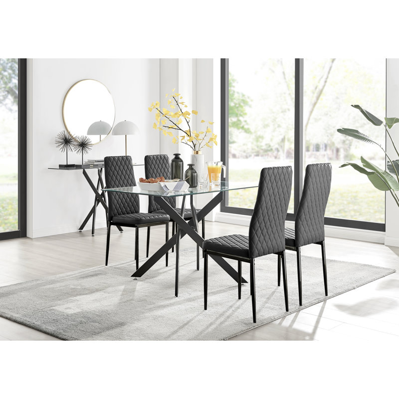 Lenworth Modern Black Metal and Glass Dining Table Set - x4 Luxury Faux Leather Dining Chairs, Cappuccino