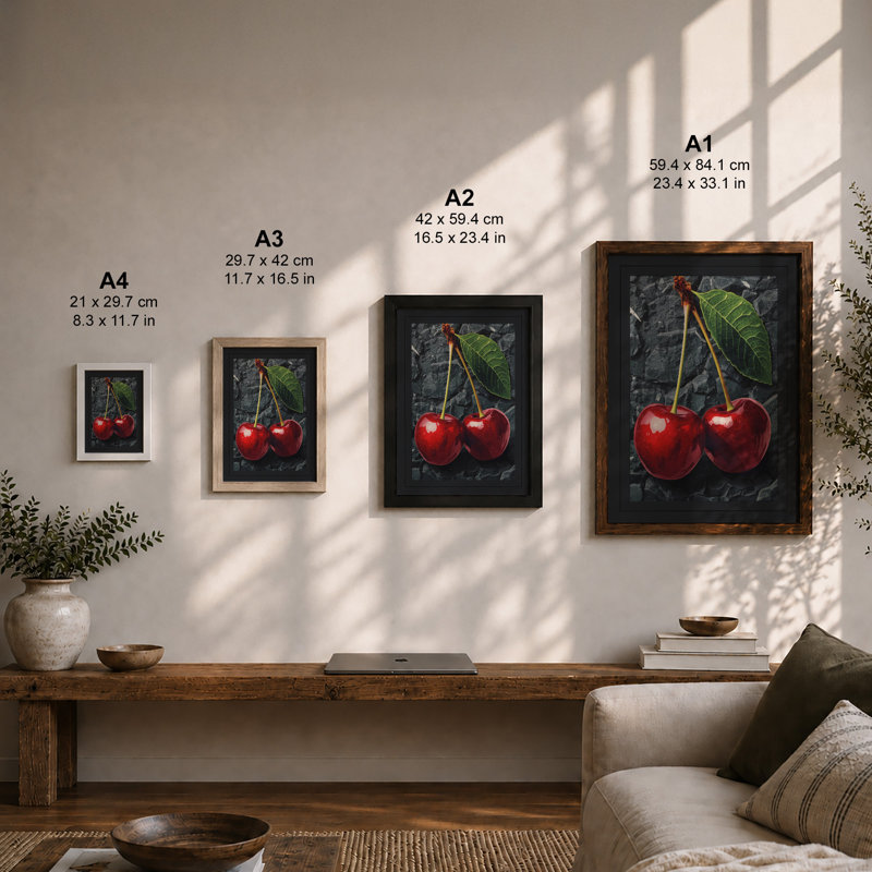 Cherries with Leaf Botanical - Framed Print, Unframed, A2 - 59.4 x 42.0 cm
