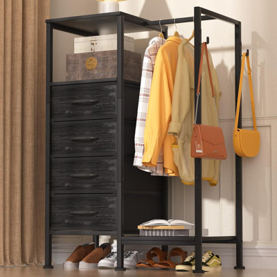 Commode pour chambre à coucher avec support à vêtements, commode de chambre réversible avec 4 tiroirs en tissu, commode de rangement 2 en 1 avec tablettes et crochets de rangement, cadre robuste, H 44 po, noir