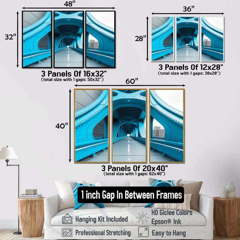 «Blue White River Ramp Walkway Bridges» «Blue White River Ramp Walkway Bridges», 3 pièces, Encadrement argenté
