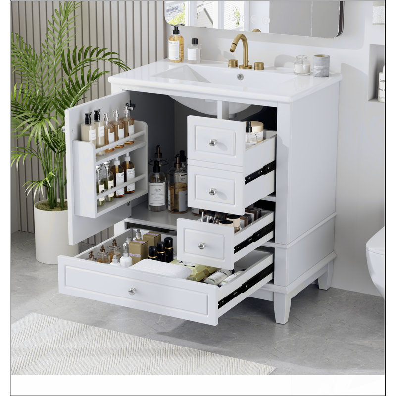 Meuble-lavabo 30 po avec lavabo, une porte avec tablette et trois tiroirs, porte à fermeture douce, blanc