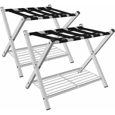 2 Pack Folding Luggage Rack For Guest Room, Foldable Suitcase Stand Holder With Metal Storage Shelf For Bedroom, Living Room, Hotel Essentials, Heavy Duty Steel Frame, White