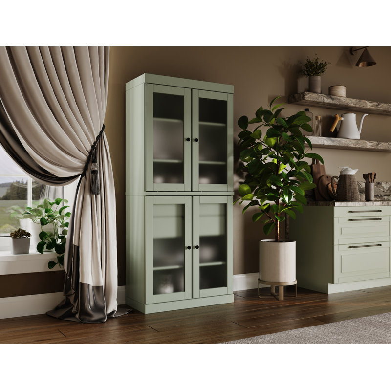 Garde-manger 100% bois massif 32 po avec portes en verre givré et 2 tiroirs, Sauge