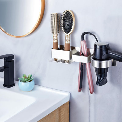 Porte-séchoir mural, séchoir à cheveux et porte-lisseur, porte-outils en métal argenté avec rangement pour brosse, fer à friser, fer à friser, support pour sèche-cheveux pour salle de bain