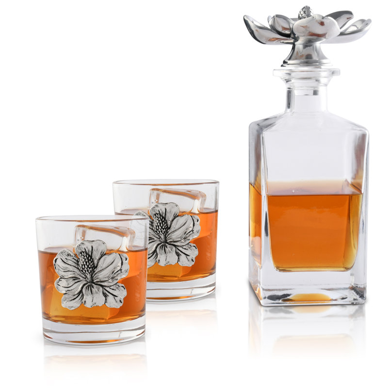 Magnolia Glass Whiskey Decanter with Pair of Glasses