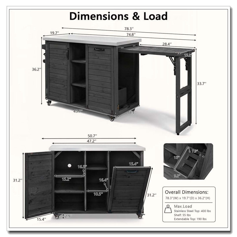 78.3" Outdoor Kitchen Island with Foldable Grill Table and Hidden Trash Cabinet, Black